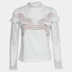 Pre Owned توب سيلف - بورتريه دانتيل جوبير وكريب أبيض بأكمام طويلة مقاس صغير ( سمول )