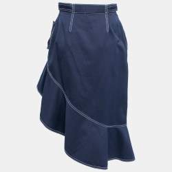 Self-Portrait Navy Blue Canvas Asymmetric Flounced Hem Skirt M