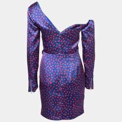 Self-Portrait Blue and Red Printed Ruffle Trimmed Off Shoulder Dress S