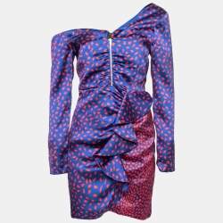 Self-Portrait Blue and Red Printed Ruffle Trimmed Off Shoulder Dress S
