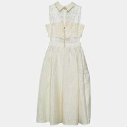 Pre Owned Self-Portrait Cream Jacquard Sequined Lasercut Collar Detail Dress S
