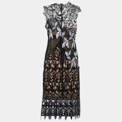 Pre Owned Self-Portrait Lilac Guipure Lace Patchwork Midi Dress M