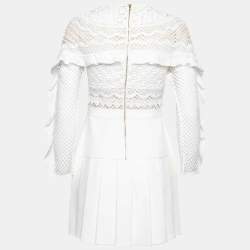 Pre Owned Self Portrait White Crepe and Lace Ruffle Trim Detailed Pleated Dress S