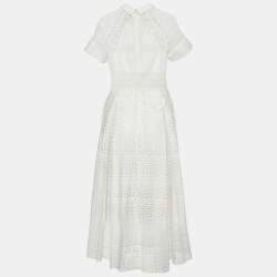 Pre Owned Self-Portrait White Broderie Anglaise Cotton Midi Dress M