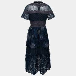 Pre Owned Self-Portrait Navy Blue Floral Lace & Mesh Midi Dress M