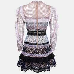 Pre Owned Self-Portrait Multicolor Ruffle-Trim Guipure Lace Bellis Mini Dress S