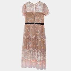 Pre Owned Self-Portrait Light Pink Sequin Embellished Tulle Tiered Midi Dress M