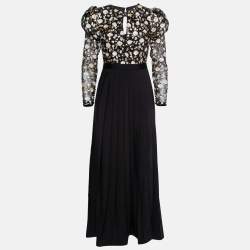 Self-Portrait Black Sequin Embellished Tulle & Crepe Pleated Dress S