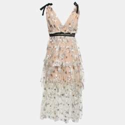Pre Owned Self-Portrait Beige Sequin Embroidered Tulle Tiered Midi Dress S