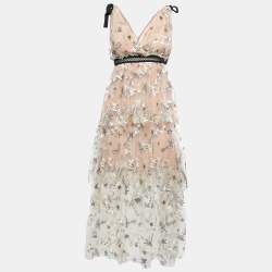 Pre Owned Self-Portrait Beige Sequin Embroidered Tulle Tiered Midi Dress S
