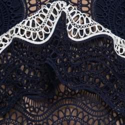 Pre Owned Self-Portrait Blue & Black Lace Ruffled Flared Mini Dress M