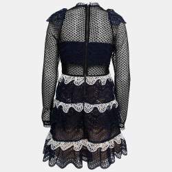 Pre Owned Self-Portrait Blue & Black Lace Ruffled Flared Mini Dress M
