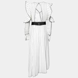 Pre Owned Self-Portrait White Striped Crepe Ruffled Belted Midi Dress S