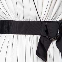 Pre Owned Self-Portrait White Striped Crepe Ruffled Belted Midi Dress S