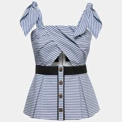 Pre Owned Self-Portrait Blue & White Cotton Stripe Shirting Tie Detail Top M
