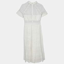Pre Owned Self-Portrait White Eyelet Lace Raglan Sleeve Midi Dress M