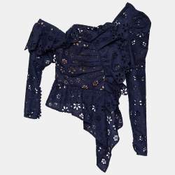 Self-Portrait Navy Blue Cutwork Lace One Shoulder Top S