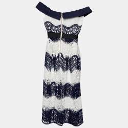 Pre Owned Self-Portrait Navy Blue & White Lace Off Shoulder Midi Dress S