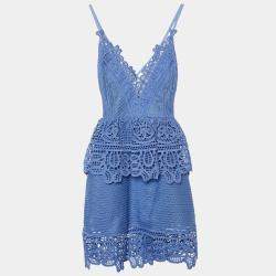 Pre Owned Self-Portrait Cornflower Blue Guipure Lace Mini Dress S