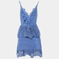 Pre Owned Self-Portrait Cornflower Blue Guipure Lace Mini Dress S