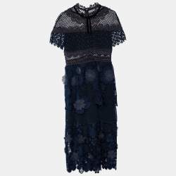 Self-Portrait Navy Blue Guipure Lace & Mesh Midi Dress M