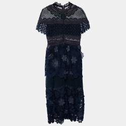 Self-Portrait Navy Blue Guipure Lace & Mesh Midi Dress M