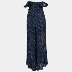 Self-Portrait Blue Dotted Chiffon Off-Shoulder Pleated Jumpsuit S