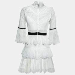 Pre Owned Self-Portrait White Lace Ruffled Midi Dress S