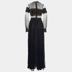 Pre Owned Self-Portrait Navy Blue & Black Lace Overlay Maxi Dress S