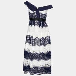 Pre Owned Self-Portrait Navy Blue & White Guipure Lace Off-Shoulder Dress M