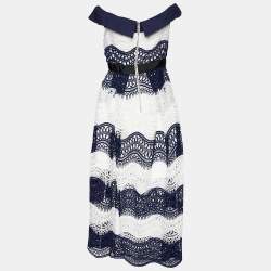 Pre Owned Self-Portrait Navy Blue & White Guipure Lace Off-Shoulder Dress M