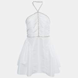 Self-Portrait White Taffeta Rhinestone Embellished Mini Dress M
