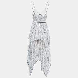 Pre Owned Self-Portrait White Polka-Dot Chiffon Pleated Midi Dress S