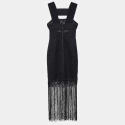 Pre Owned Self-Portrait Black Textured Fringed Detail Sleeveless Dress S