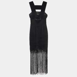 Pre Owned Self-Portrait Black Textured Fringed Detail Sleeveless Dress S
