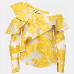 Pre Owned Self-Portrait Yellow Floral Embroidered Mesh Ruffled Top S