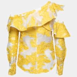 Pre Owned Self-Portrait Yellow Floral Embroidered Mesh Ruffled Top S