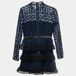 Pre Owned Self-Portrait Navy Blue Star Lace High-Neck Ruffled Mini Dress M