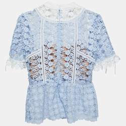 Pre Owned Self-Portrait Light Blue Floral Guipure Peplum Top M