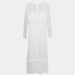 Pre Owned Self-Portrait White Chiffon Lace Trimmed Pleated Midi Dress M