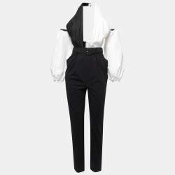 Self-Portrait Black/White Taffeta Off Shoulder Belted Jumpsuit S