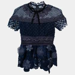 Pre Owned Self-Portrait Blue Floral Guipure Lace Peplum Top S