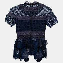 Pre Owned Self-Portrait Blue Floral Guipure Lace Peplum Top S