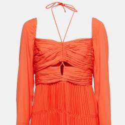 Pre Owned Self-Portrait Orange Chiffon Plisse Cold Shoulder Dress M