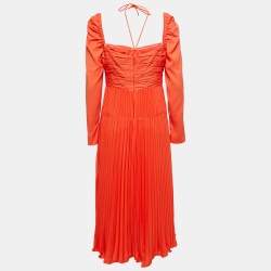 Pre Owned Self-Portrait Orange Chiffon Plisse Cold Shoulder Dress M