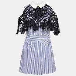 Pre Owned Self-Portrait Blue Striped Cotton Lace Overlay Mini Dress M