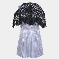 Pre Owned Self-Portrait Blue Striped Cotton Lace Overlay Mini Dress M