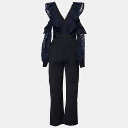 Self-Portrait Navy Blue Guipure Lace & Black Crepe Cold Shoulder Jumpsuit M