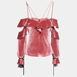 Pre Owned Self-Portrait Pink Velvet Ruffled Off Shoulder Top S
