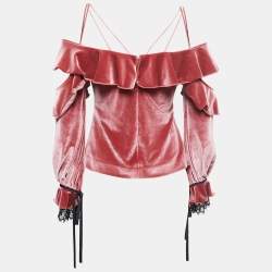 Pre Owned Self-Portrait Pink Velvet Ruffled Off Shoulder Top S